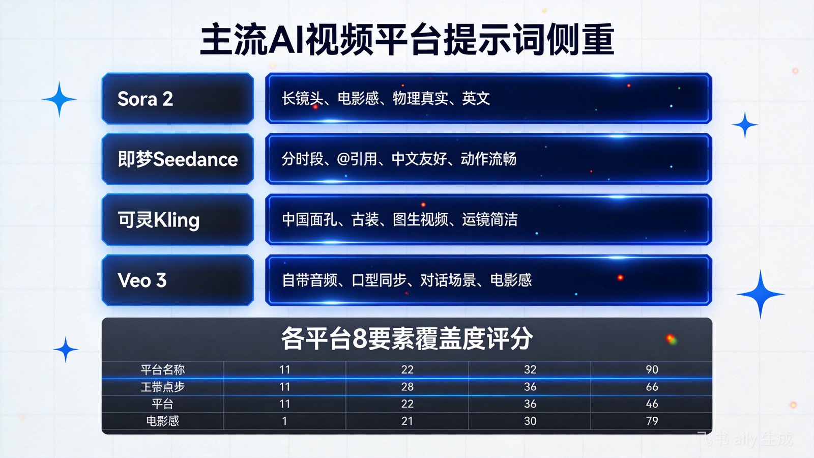 AI 视频提示词黄金结构:把 8 要素变成可复用模板 4大AI视频平台提示词侧重对比